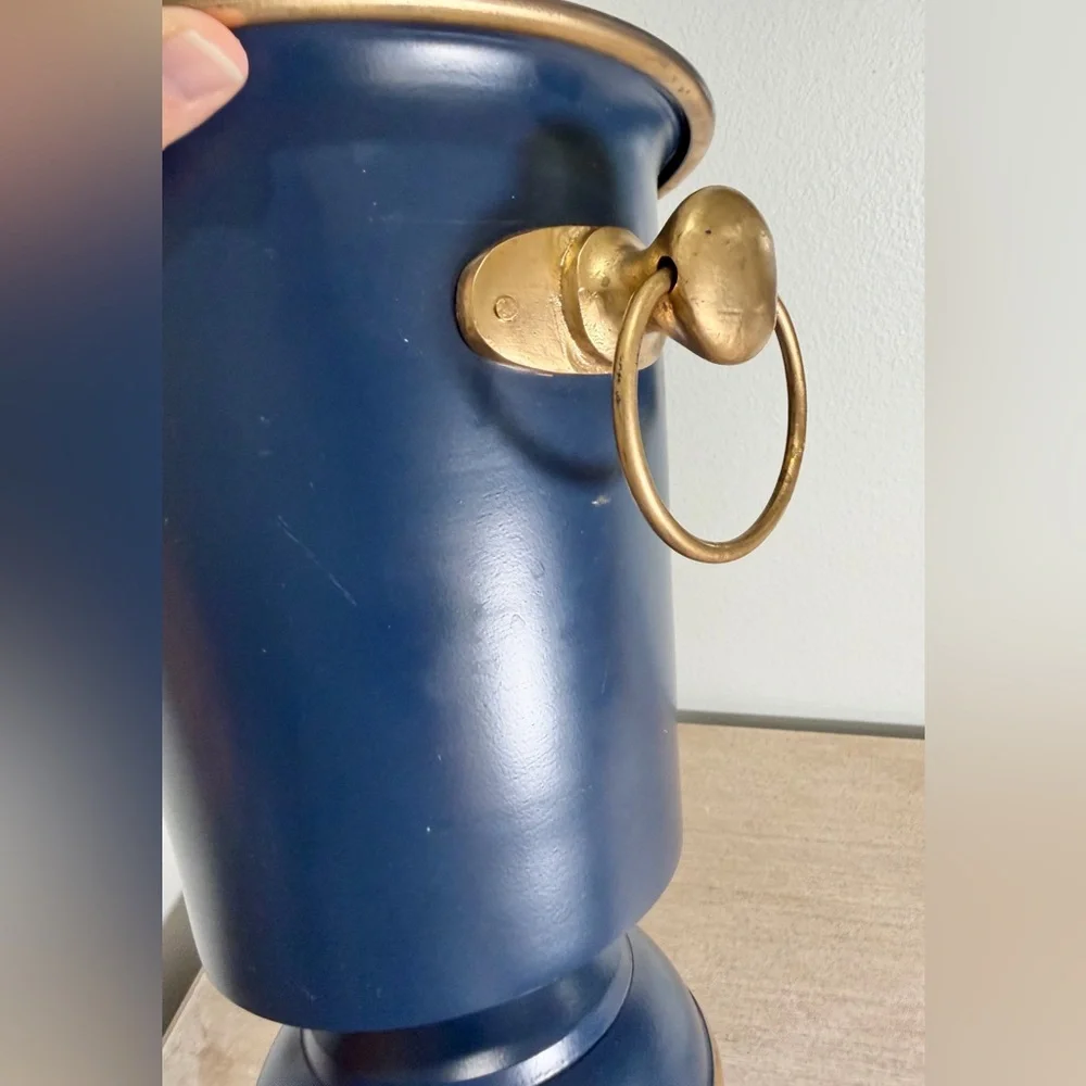 Jaye’s Studio Ice Bucket Colorblock Navy Blue Gold Handle Heavy Base Luxury Home